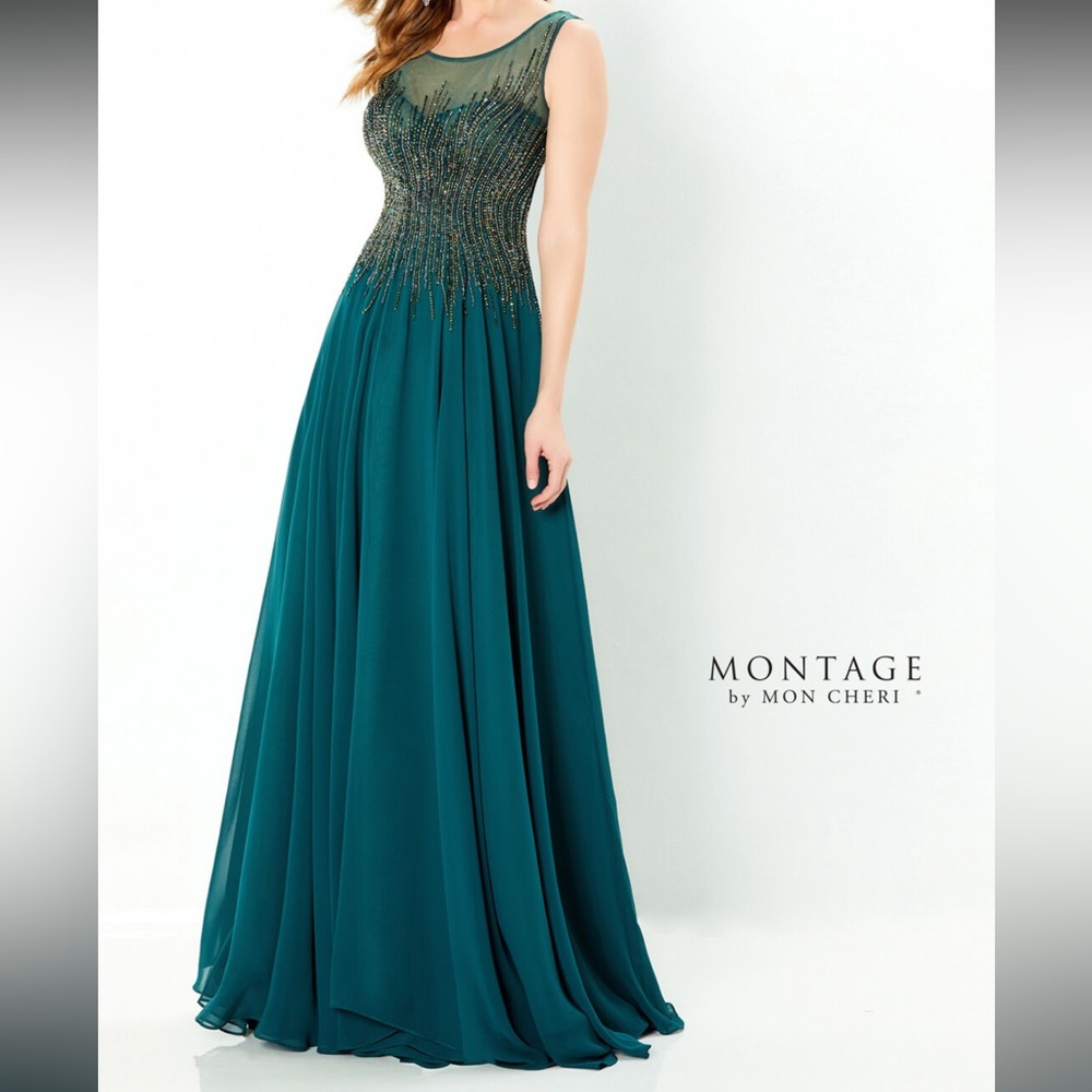Montage by Mon Cheri Deep Teal Formal Gown with detachable sleeves